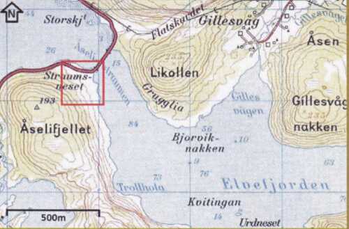 Figur 1. Rød ramme viser området ved Åselistraumen beskrevet i teksten (Utsnitt fra Statens Kartv